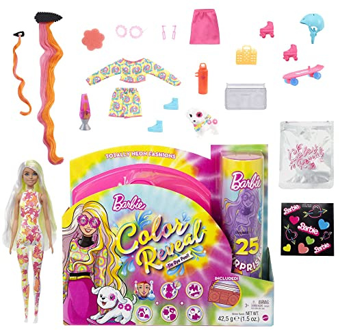 Barbie HCD26 - Color Reveal Totally Neon Fashions Puppe mit gelb gesträhnten brünetten Haaren und 25 Überraschungen, inklusive Farbwechsel, Spielzezug für Kinder ab 3 Jahren