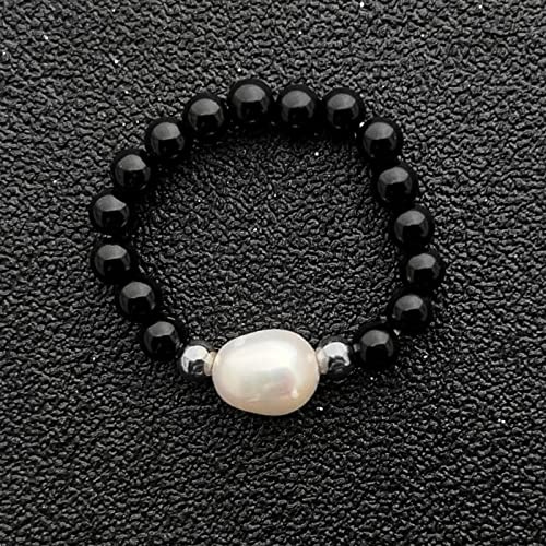 ASDFY Natürlicher Perlenring Kristall Polierter Schwarzer Obsidian Perlen Boho Elastizitätsring Damen Steinringe Reiki Balance Knöchel Finger Ringe Ewigkeitsring Für Frauen Mädchen Männer