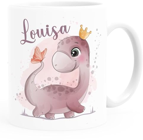 SpecialMe® Kindertasse Dino Dinosaurier Schmetterling personalisierte Tasse mit Name aus Keramik für Kinder Jungen Mädchen Weiss standard