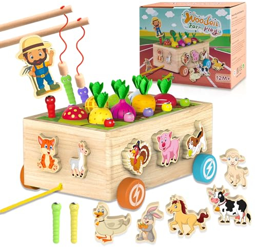 Achiyway Montessori Spielzeug ab 1 2 3 Jahr, 7-In-1 Kinderspielzeug Angelspiel für Kinder Jungs Mädchen Kinder Kleinkind Holzspielzeug Magnetangel Steckwürfel Sortier & Stapelspielzeug Geschenk