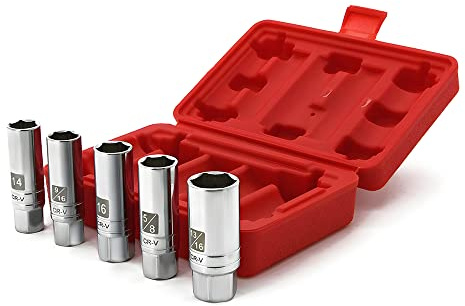 A Abigail 5PCS Magnetic Spark Plug Socket Set Includes 14mm 16mm Thin Wall Socket and 9/16-inch 5/8-inch and 13/16-inch Sockets 3/8-inch Drive Magnet Retains Spark Plugs
