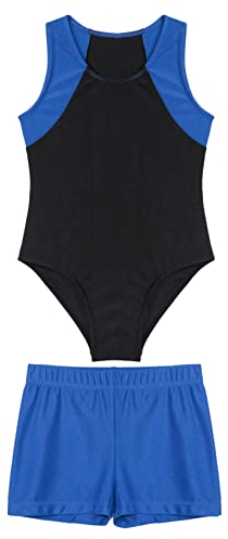 Aiihoo Kinder Jungen Turnanzug Sportlich Body mit Shorts Ärmellos Gymnastikanzug Tanzbody Fitness Yoga Trikot Sportbekleidung Blau 122-128