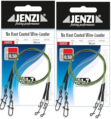 Set: 4 Stück x 1x7 Stahlvorfach mit Wirbel und knotenlos Verbinder von Jenzi, 5, 7, 9, 12 & 15 Kg, Länge 50 cm + Petri Heil! Aufkleber (9 kg)
