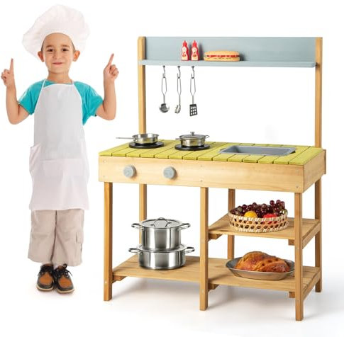 Maxmass Wooden Mud Kitchen, Kids Play Toy Kitchen with Faucet, Detachable Sink, 3 Hanging Hooks, 3 Open Shelves, Outdoor Pretend Kitchen Playset for Boys Girls (Yellow Countertop without Water Box)