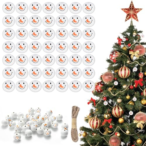 60 Stück Schneemanngesicht Holzperlen, 20mm Mit Gesicht, Weihnachts-Holzperlen Mit Loc für Dekorieren Ihrer Weihnachtszeit (Schneemann)