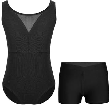 TiaoBug Maillot De Danza Color Sólido Para Niña Maillot Sin Manga Leotardo De Gimnasia Rítmica Patinaje Body Elástico De Ballet Con Pantalones Cortos Traje De Actuacion Negro B 9-10 años