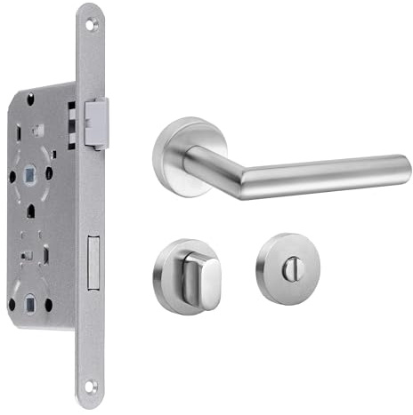 Einsteckschloss für Zimmertüren Dornmaß 55 mm Stulp 20 mm, silber (DIN-Rechts, WC inkl. Rosettengarnitur)