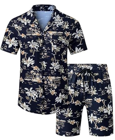 Meilicloth Hawaii Hemd Männer Hawaiihemd Herren Set Flamingo Blumenmuster Floral Kurzarm Sommer Shorts Herren Kurze Hose Herren Schwarz XXL