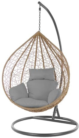 KIDEO Komplettset: XXL Hängesessel mit Gestell & Kissen, großer Korbsessel, Poly-Rattan, naturfarben, Classic chic (Hazelnut/grau/grau)