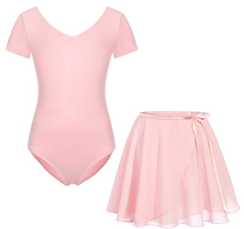 FONLAM Vestido de Ballet para Niña Maillot de Gimnasia Rítmica Algodón Maillot de Ballet Danza Manga Corta Ballet Tutú Niña Falda (3-4 Años, Rosa)