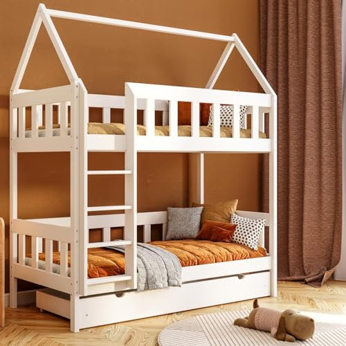 YOUKO Etagenbett Kinderbett 160x80 cm “Charlie” - Hausbett für 2 Kinder mit Leiter- Hochbett Kinder - Holzbett Kiefer Ohne Matratze