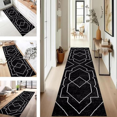 Läufer Flur Küche Waschbar rutschfest 80X200CM Teppichläufer Küchenteppich Flurteppich Schwarz Weiß Küchenläufer Teppichmatten Korridor Wohnzimmer Schlafzimmer Meterware Schmutzfangmatte Fußmatte