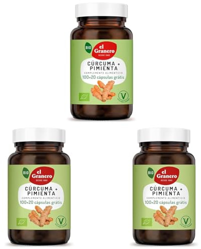 El Granero Integral - Complemento Alimenticio - Cúrcuma + Pimienta Bio - 120 Cápsulas - a Base de Polvo de Raíz de Cúrcuma y Pimienta Negra - Efecto Antioxidante - Ideal para Deportistas