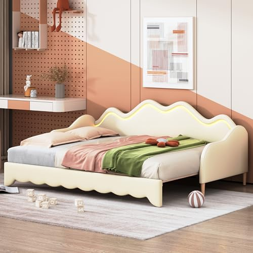 Schlafsofa 90(180)x190cm, 2-in-1 Tagesbett mit LED-Beleuchtung, Kinderbett Funktionsbett Polsterbett Sofabett mit Lattenrost, Ausziehbett Einzel und Doppelbett, Kunstleder, Beige, Ohne Matratze