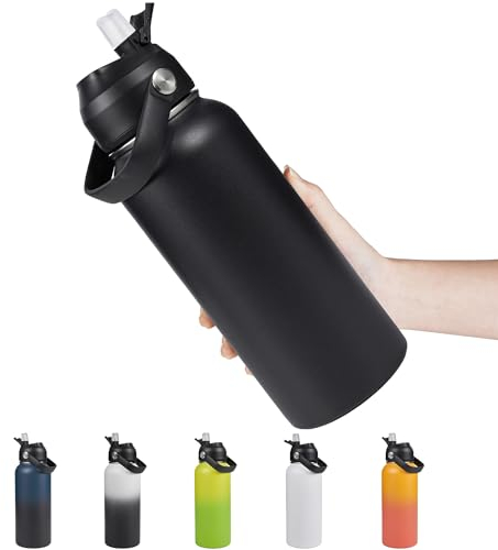 Hawthyhome Edelstahl Isolierbecher 1000ml mit Strohhalm 1 Liter Thermoflasche, Auslaufsicher, BPA Frei, Vakuum-Doppelisolierung, für Sport, Reisen, Camping, Fitness, Wandern, Schwarz