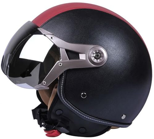 Casco Jet Classic Vintage in Pelle Con Visiera, ECE 22.06 Omologato, Per Donna Uomo Scooter Chop Ciclomotore Retrò Pilota di Moto a Mezza Calotta (57-62cm)