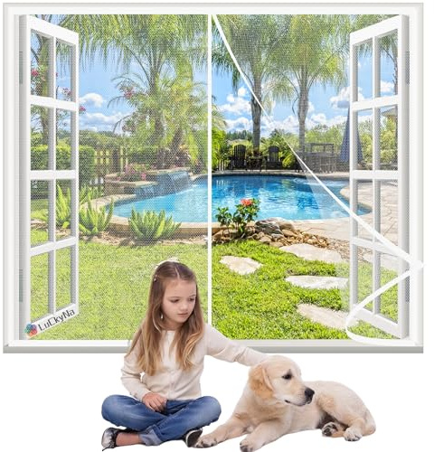 Fliegengitter Fenster Weiß 135x145cm Insektenschutz Fenster Tür Klebemontage Ohne Bohren Fliegenvorhang HäNde Frei für Balkontür Terrassentür