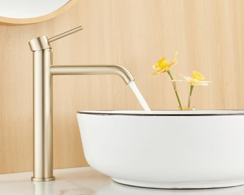 Maynosi Robinet Lavabo à Grande Hauteur, Mitigeur Haut pour Vasque, Robinets de Lavabo pour Salle de Bain, Style Moderne et Minimaliste, Eau Chaude et Froide Disponible, Or Brossé