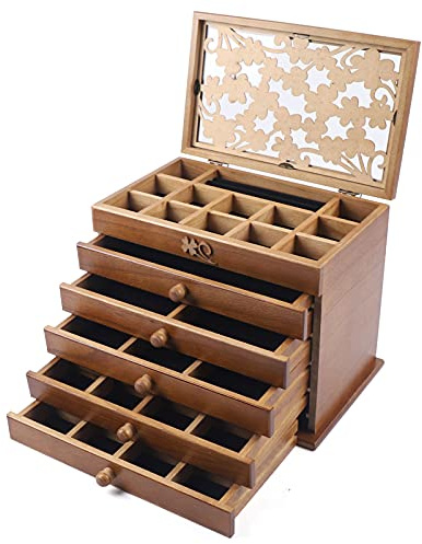 6 Schichten Große Schmuckkasten, Holz Retro Schmuckschatulle, Schmuckkästchen Schmuckkoffer, kann zur Aufbewahrung Von Ohrringen, Ringen, Halsketten, Braun, 30 * 19 * 25 cm
