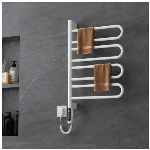 Porta asciugamani riscaldati per bagno con rotazione di 180°, porta asciugamani elettrico con timer e controllo intelligente della temperatura, porta asciugamani caldi plug-in o cablato, nero (bianco