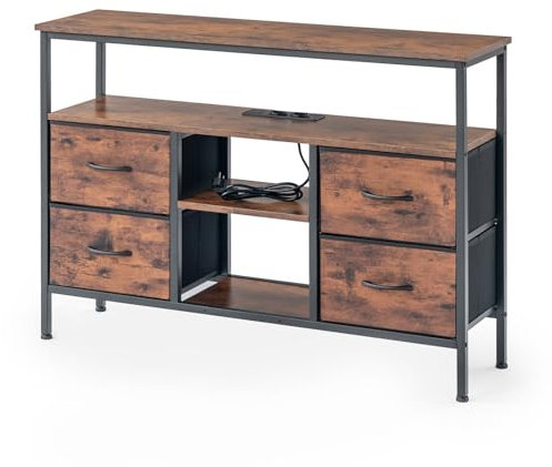 Ginhow Vintage Wohnzimmer Schrank mit LED Beleuchtung, Kommode Vintage mit 4 Schubladen, — 110x 30x 78 cm, 2 USB und 2 AC Anschlüssen, Sideboard Holz für Wohnzimmer, Perfekt für Sideboard Küche