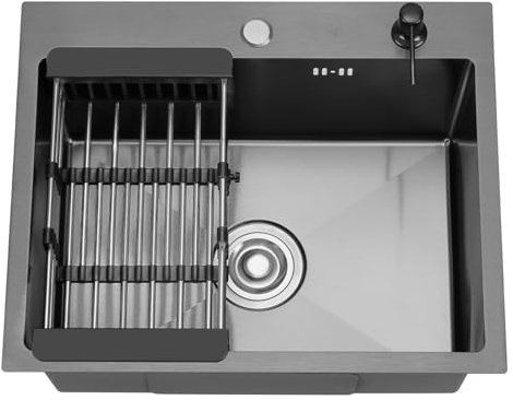 STANEW Lavello Cucina in Acciaio Inox 55 x 45cm,con Dispenser sapone, Lavello da Incasso A 1 Vasca,con Troppopieno e Sifone