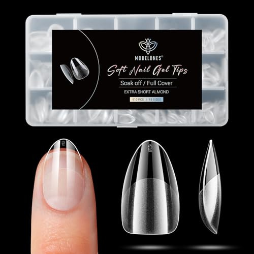 Modelones 510Pcs Capsule Americaine Ongle Amande Court XS, 15 Tailles Faux Ongles, Semi Givré Complet Givré Capsules Ongles Gel Couverture Complète, Pose Americaine Capsule pour Diy Nail Art