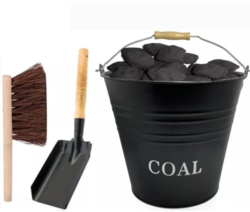 Almineez 12L Steel Coal Bucket Shovel & Brush Fireside Fireplace Coal Logs BBQ Storage Holder Firepits Hearth Wood Burning Stoves Fire Pit Wood Burning Stove Bin