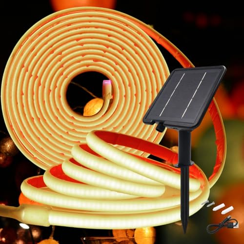 KISUFU 24V Luces Exterior Solar, IP68 Impermeable Luminoso COB 320 Leds/m Neon Tira de Luz LED 8 Modos de Luz Luces Solares con 2400mah Panel Solar Para Jardines, Patio, Dormitorio.