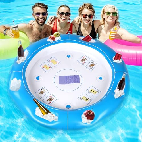 Lyreh Set da Tavolo Galleggiante Piscina, Include 1pz Tavolo Gioco Gonfiabile Galleggiante 100cm con 8 Porta Bevande e 1pz Mazzo di Carte da Gioco Impermeabili(Blu)