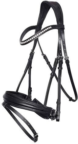 Imperial Riding IRH Fria Trense ohne Zügel, anatomisch geformt, weiche Schafslederpolsterung, Stirnband mit Strass, hochwertiges Büffelleder, inkl anatomischem Nasenriemen, Schwarz, Cob