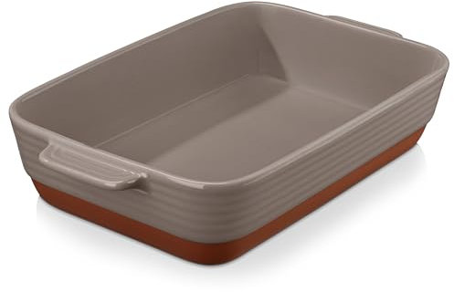 MALACASA Serie TARA, Fuente de Horno de Gres con Asas de 4500ml (40 x 8,7 cm), Ideal para Lasañas, Gratinados y Asados, Apta para Horno y Lavavajillas, Blanco Vainilla con Esmalte de Sésamo y Caqui