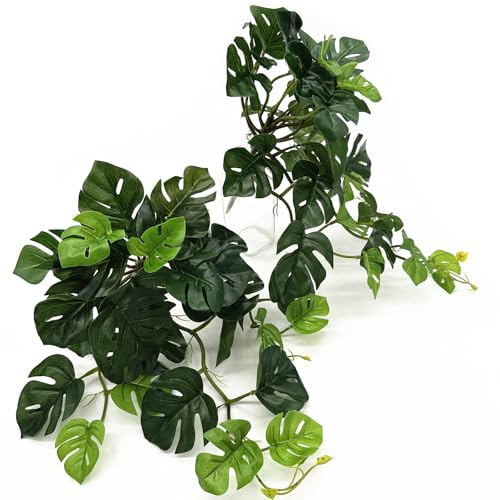 Artificial Monstera Plants, Fake Tropical Palm Small Potted Faux Hanging Greenery Mini Plants for Indoor Outdoor Home Office Garden Houseplants Pot Decor Wedding Party DIY Decoration - Green 2 Pack