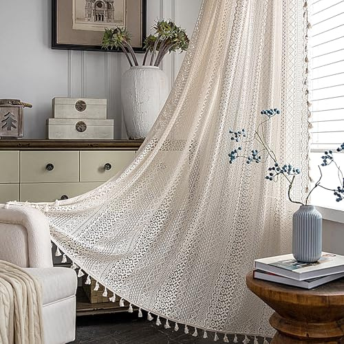 XLSBZ 2er Set Voile Vorhang Boho Makramee Vorhänge 150x160cm Vintage Gardinen Beige für Wohnzimmer Schlafzimmer