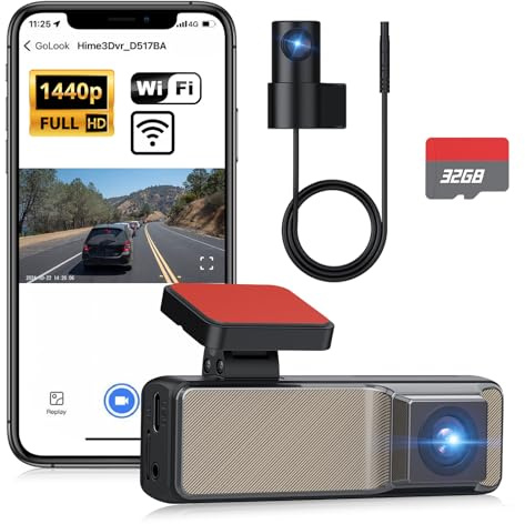 eSynic Dash Cam Wi-Fi con 2 Telecamere (Frontale 2K e Posteriore 1K), 160° Grandangolo, Sensore G, Registrazione in Loop, Monitoraggio Parcheggio 24 Ore, 32GB SD e ACC Cavo Inclusi, Per Auto e Camion