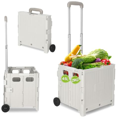 Vkechh Einkaufstrolley Klappbar, mit neigbarer Teleskopgriff & Deckel, 2 x Rollen, bis 35 kg, 45 Liter Kiste, Trolleys für Einkauf, Märkte und Camping, Weiß