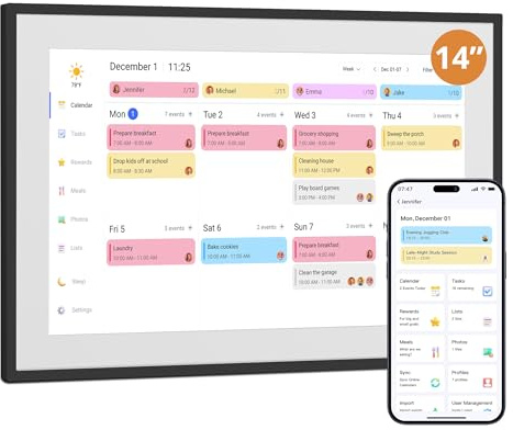Dragon Touch 14 Zoll Digitaler Kalender Wand - 1920 * 1080 FHD Elektronischer Wandkalender Familienplaner mit 32GB Speicher und Wandhalterung, Touchscreen Intelligenter Tischkalender-Schwarz