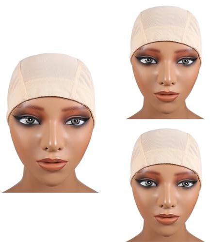 3 PCS Wig Caps Beige Dome Cap with Wide Elastic Band, Stretchy Breathable Wig Liner Cap for Women