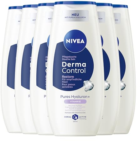 NIVEA Derma Control Restore Pflegedusche, Mit Hyaluron und Vitamin E, Hypoallergener Duft, Für empfindliche Haut, pH-hautneutral (6 x 250 ml)