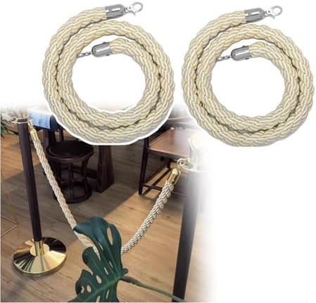 Hampaflätade folkkontrollrep med metallkrokar, 2-pack köbarriärrep för bröllop, fester och evenemang, krämfärg, silverfinish, 250 cm (98,4 tum)