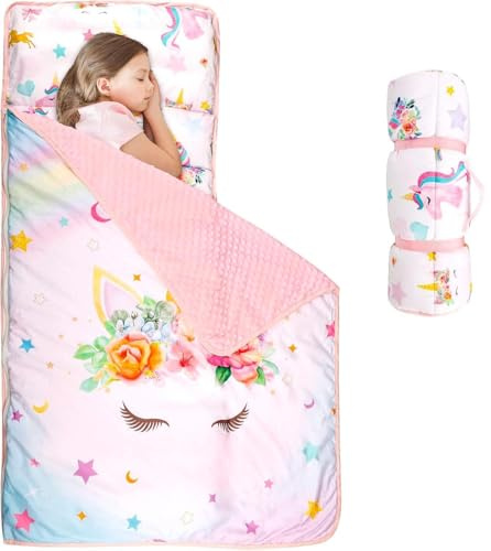 Hooyax Tapis de Sieste pour Tout-Petits avec Oreiller Amovible et Couverture Douce, Tapis de Sieste pour Enfants, Sacs de Couchage roulés pour garçons, Maternelle, garderie, Camping, 58,2 x 130 cm