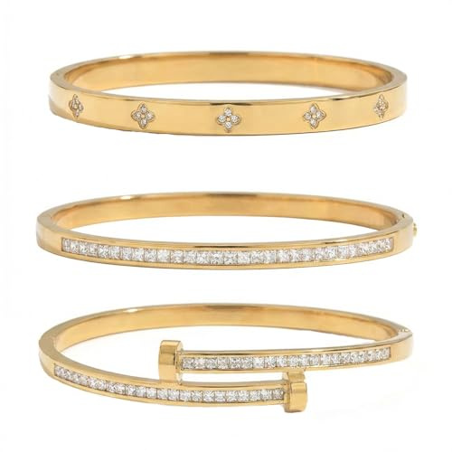 Xigocorsn Gold Bangles Bangle Bracelets Set for Women,PVD genuine gold electroplating 3 Piece Elliptical Design with Cubic Zirconia Accents, 2.36 Inch Diameter, Waterproof Stainless Steel