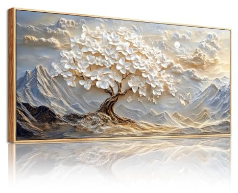 SERIMINO Modern Wandbild mit Rahmen Baum des Lebens Bilder Groß 60x120 cm | GoldweißE Blumen Wanddeko, HD Druck, Massivholzrahmen, Einfache Montage, MehrgrößEn, Vielseitig Einsetzbar