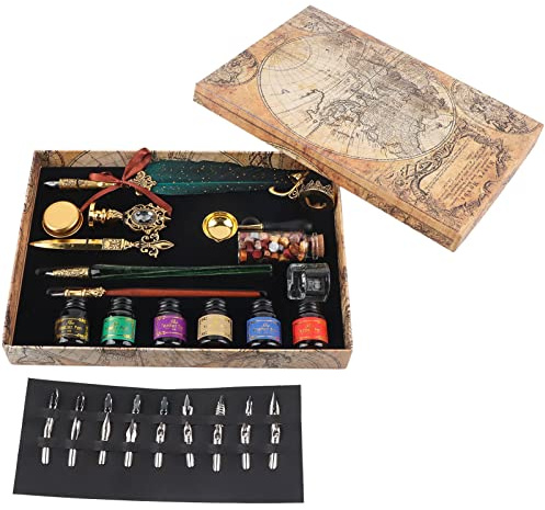 Fdit Juego de Pluma Europea, Kit de Escritura Retro con 18 Puntas de Repuesto, 6 Botellas de Tinta, Plumas de Inmersión de Madera de Vidrio, (SP271935R dorado salpicado y verde oscuro (redondo)