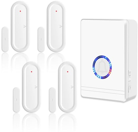 NineLeaf Tür Fenster Sensor klingel, Türsensor Alarmklingel, Alarm bei geöffneter Tür, 200 m Reichweite, 48 Klingeltöne, LED Anzeige, für Haus, Geschäft, Ladentür und Büro, 1 Empfänger 4 Sensoren