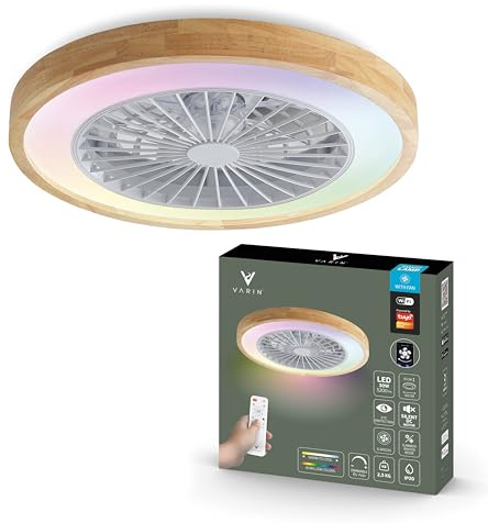 Varin® Smart Deckenventilator mit Beleuchtung, Deckenlampe mit Ventilator Schlafzimmer, Tuya WLAN, LED 30W RGBW, Ø 50 cm, Ventilator Leise, Fernbedienung, 3000K bis 6000K, Helles Holz