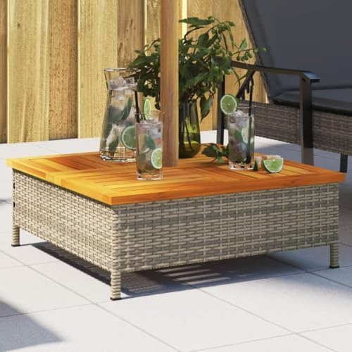 Ordellia Supporto per ombrellone in rattan sintetico con piano in legno di acacia, grigio, 70 x 70 x 25 cm, per ombrellone con foro da 48 mm, come tavolino da caffè per balcone, terrazza, giardino