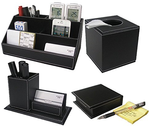KINGFOM 4pcs Leder büro Schreibtisch Set - Inklusive Schreibtisch Organisator, Kosmetiktücherbox, Stifthalter mit Visitenkartenhalter und Zettelbox (T42-4-Schwarz)