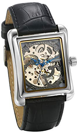 JewelryWe Mens Watches Automatic Mechanical Watch Skeleton Square Dial Leather Wrist Watch