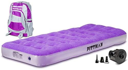 Pittman Outdoor PPI-PPL_KIDMAT Lila Twin Barnmadrass med bärbar batteridriven luftpump och rolig reseryggsäck